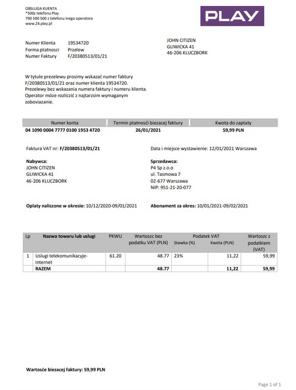 Poland Play utility bill, PDF and Word download template